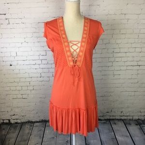 Free People Boho Embroidered Lace Up Tunic Dress